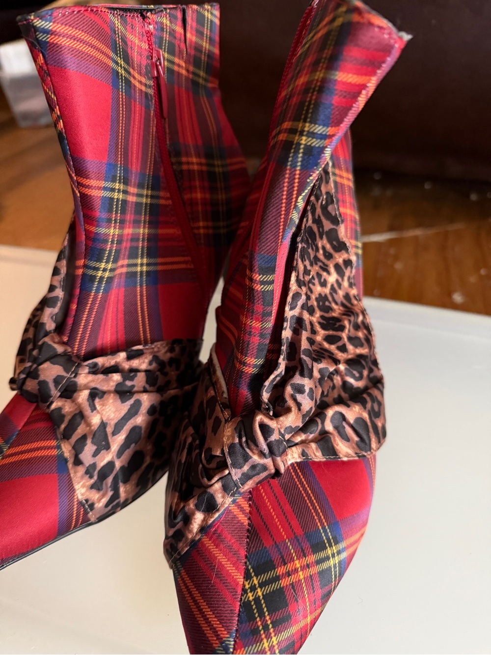 WW Red Plaid Pointed Toe Boots with Leopard Sash